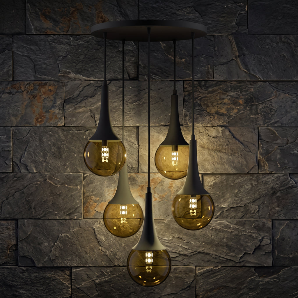 Lustre 5 globes ambrés structure noire design industriel