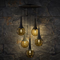 Lustre 5 globes ambrés structure noire design industriel