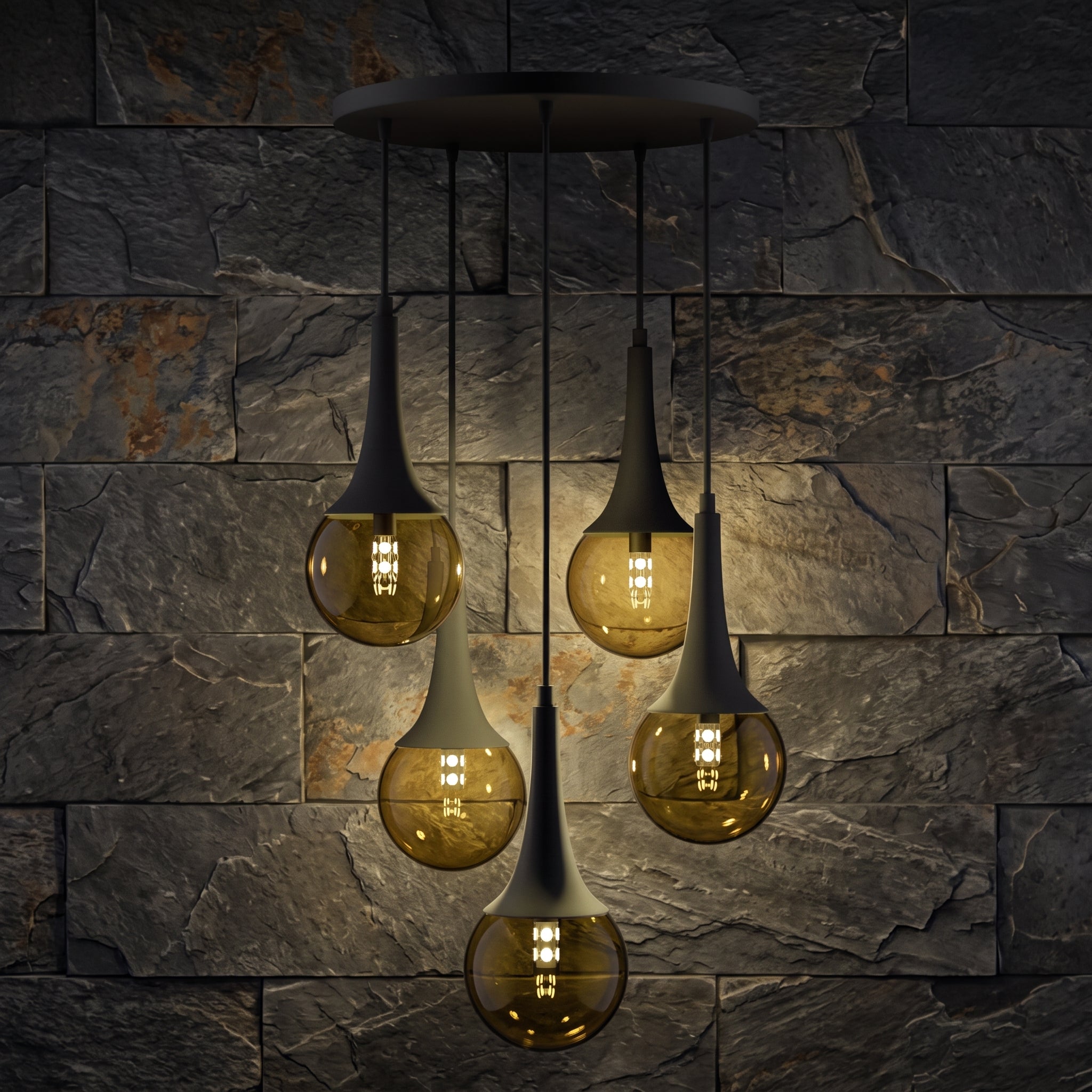 Lustre 5 globes ambrés structure noire design industriel