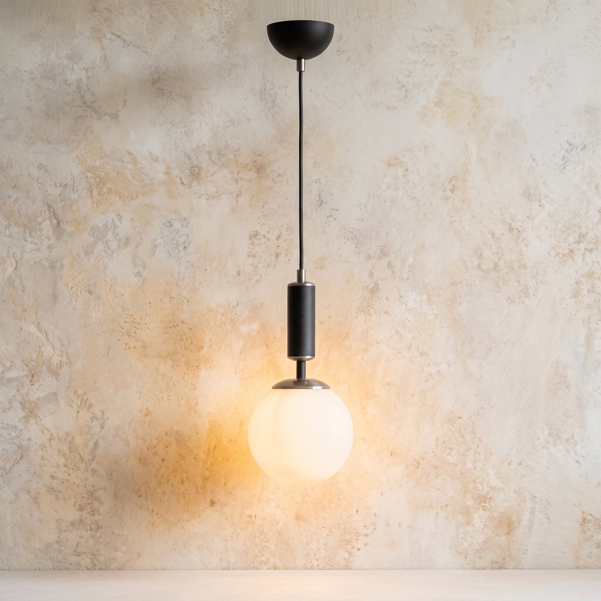 Suspension globe blanc opale noir mat et chrome design moderne 