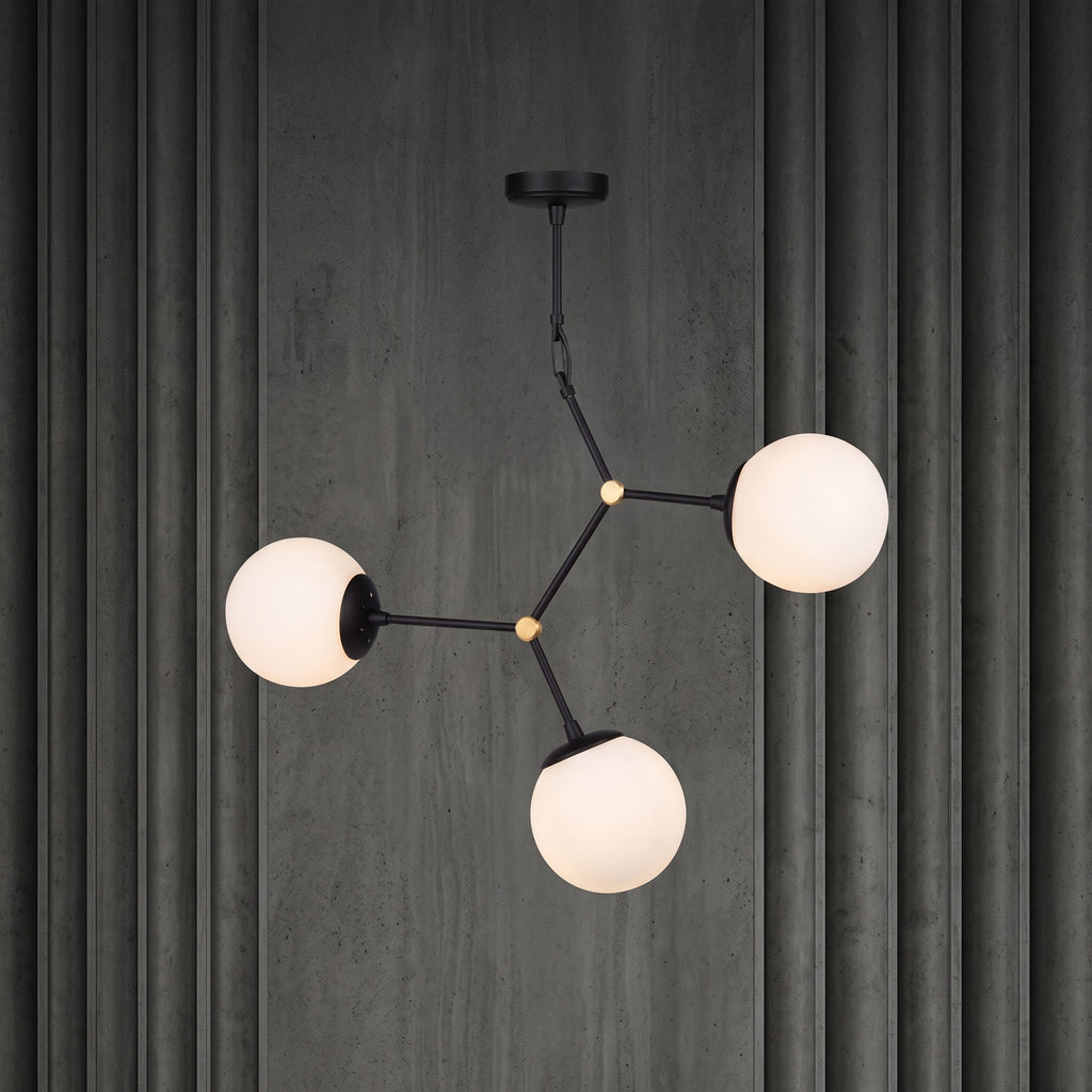 Lustre de plafond design moléculaire 3 globes blancs et noir