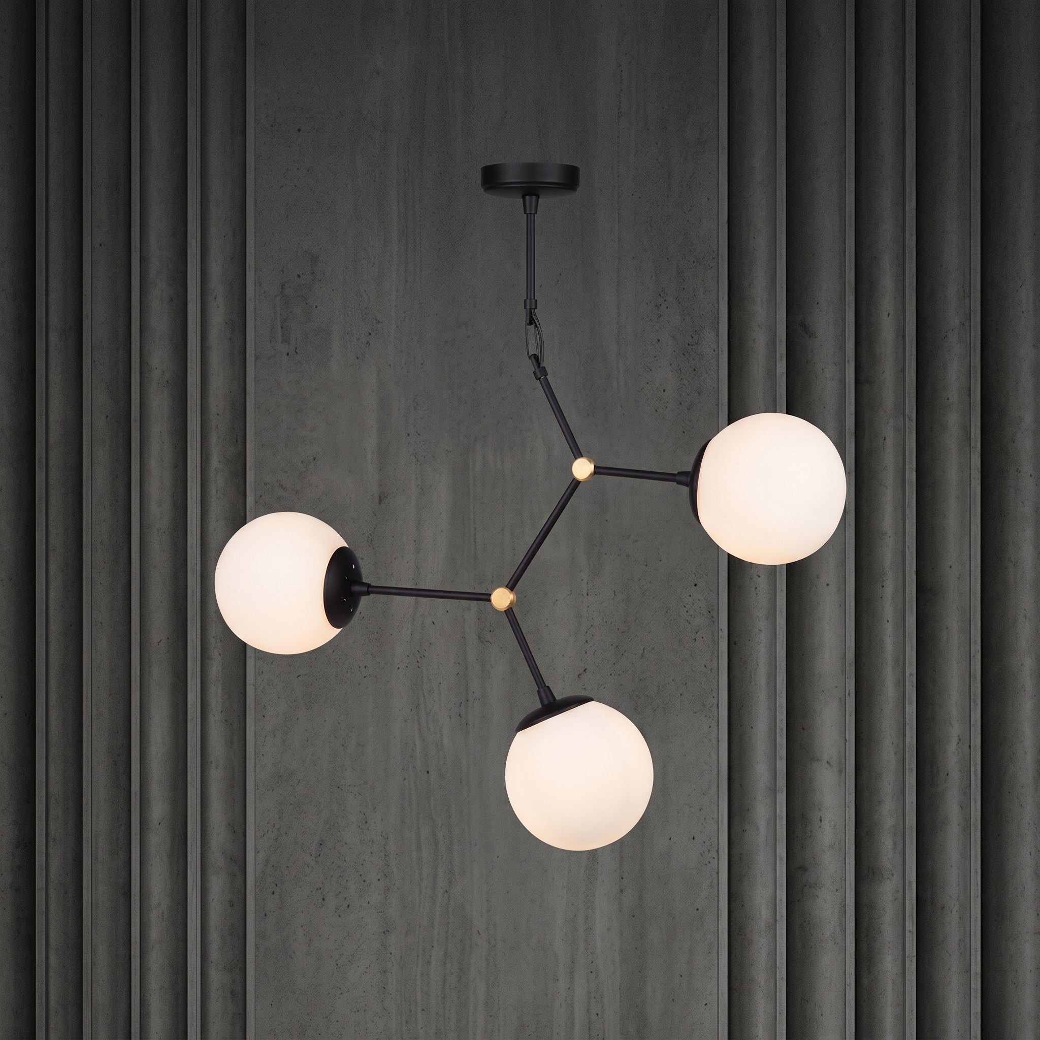 Lustre de plafond design moléculaire 3 globes blancs et noir