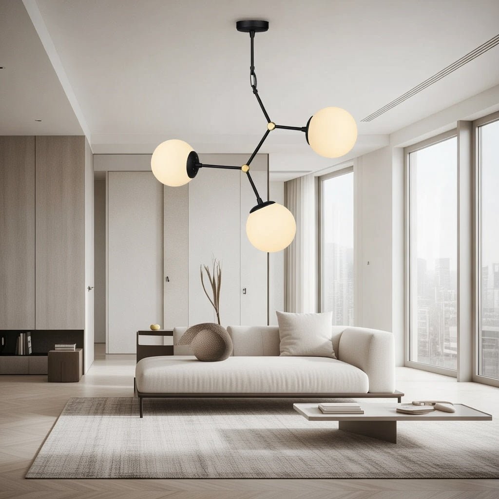 Plafonnier design moléculaire allumé dans salon japandi