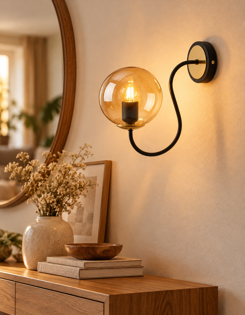 Applique murale globe en verre ambré avec bras courbe noir mat et détails dorés dans un intérieur chaleureux