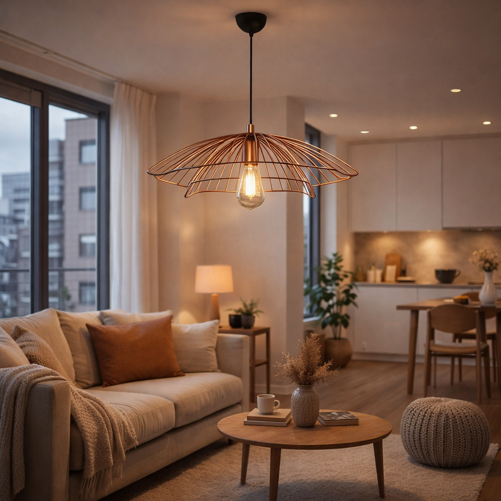 Lustre Suspendu Fil de Fer Cuivré - Design Contemporain