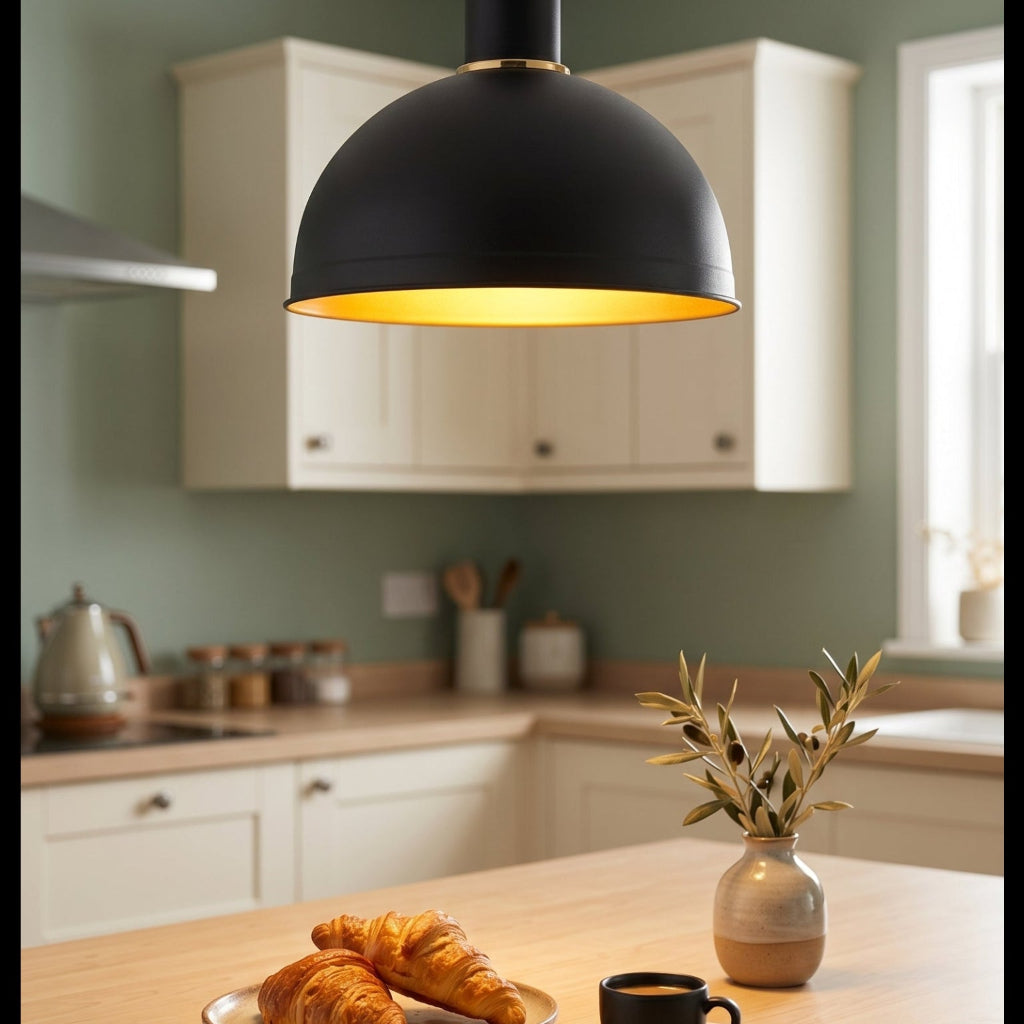 Lustre dôme noir mat intérieur doré croissants espresso cuisine vert sauge matin – Lumidestock