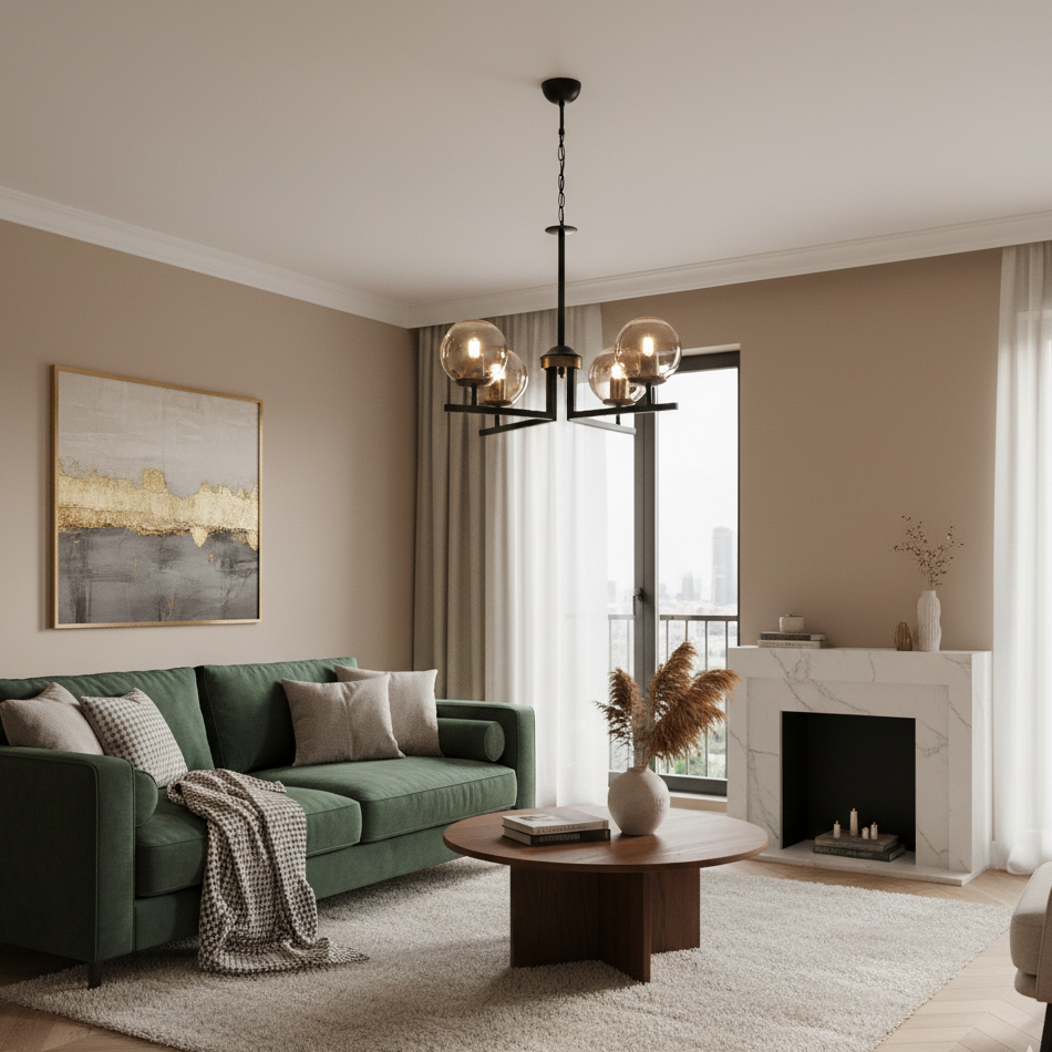 Lustre 4 globes ambré noir et or 60x75cm design moderne E27