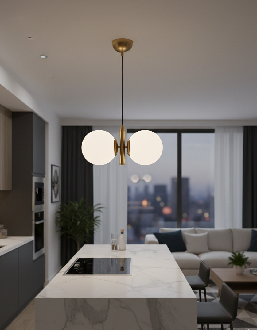 Lustre Suspension Double Globe Laiton Brossé et Verre Blanc