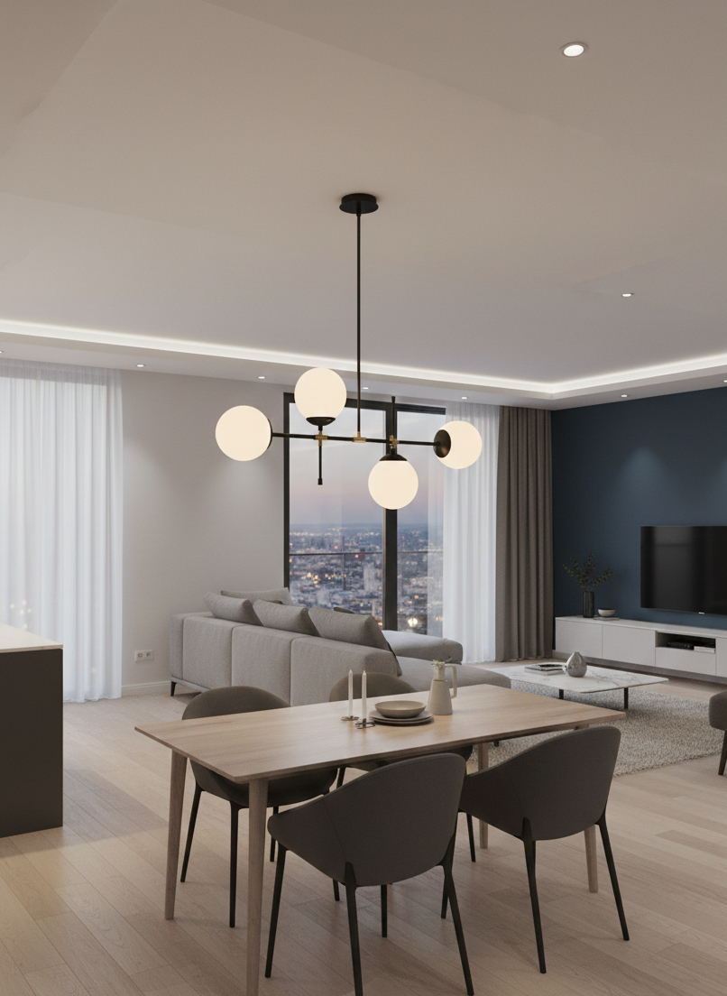 Lustre 4 globes noir dans un salon contemporain