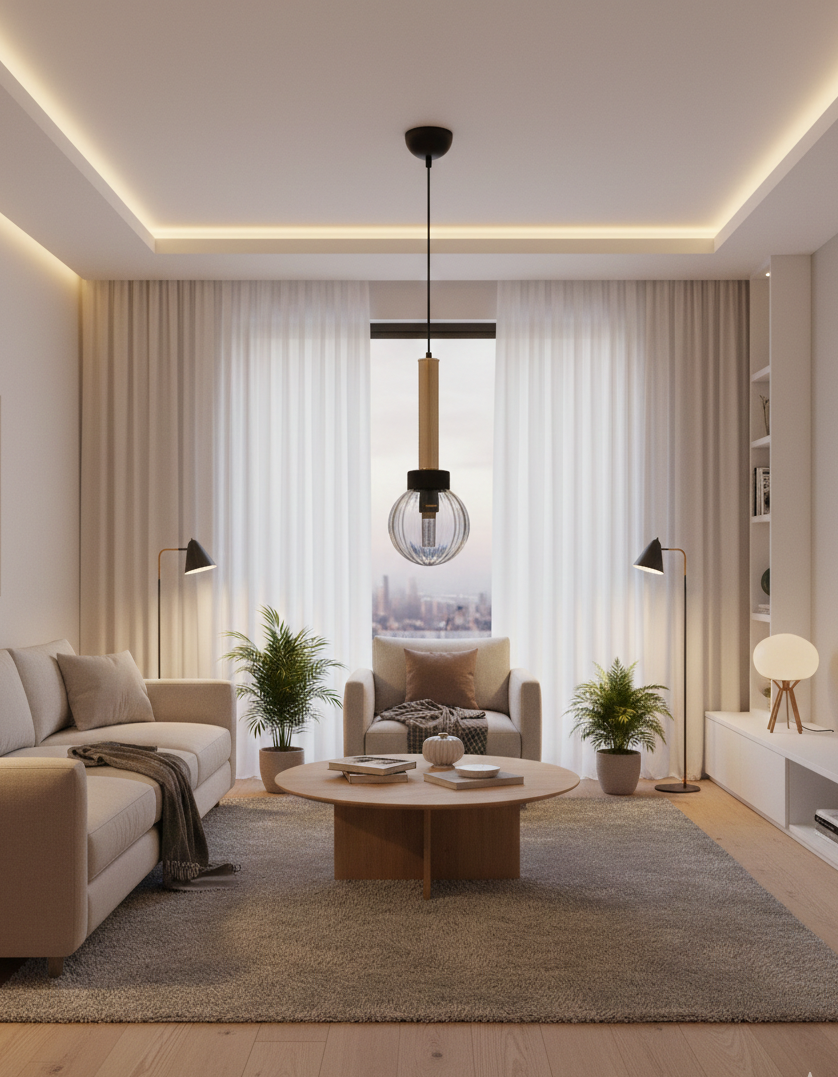 Lustre Suspendu Globe Transparent Côtelé Détail Doré Design Moderne