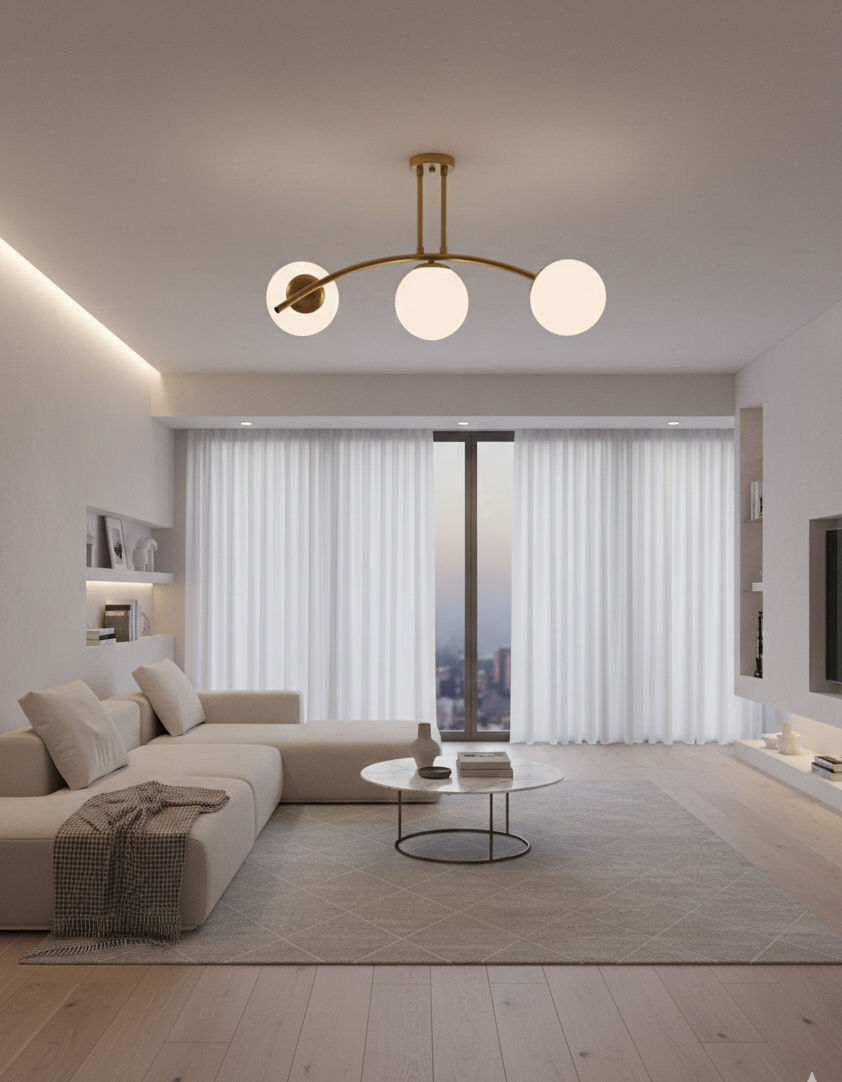 Plafonnier 3 Lumières Globes Blancs Opale Finition Laiton Doré Design Moderne