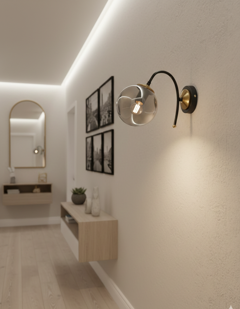 Applique Murale Globe Fumé Transparent Finition Chromée Détails Dorés Design Moderne