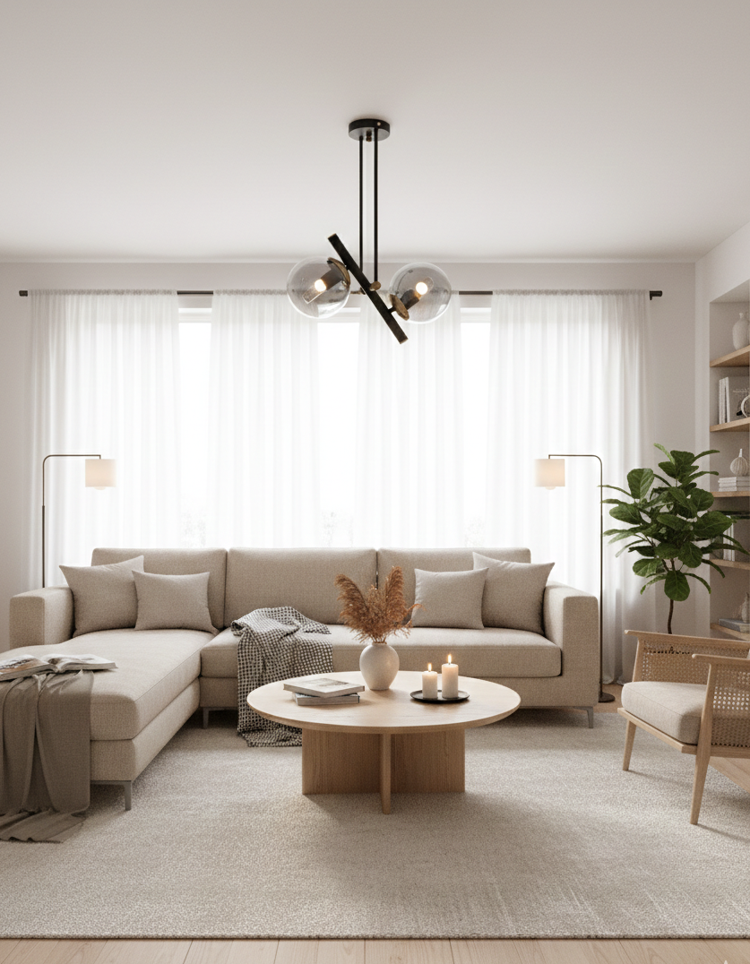 Lustre 2 Lumières Globes Fumés Transparents Structure Noire Détails Dorés Design Moderne