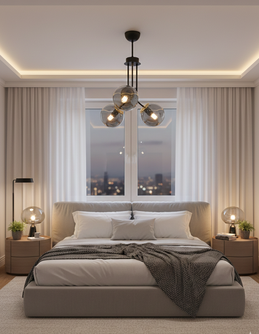 Lustre 3 Lumières Globes Fumés Transparents Structure Noire Détails Dorés Design Moderne