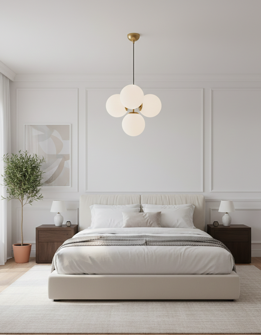 Suspension 4 globes opalin blanc laiton brossé 35x32cm 4xE27