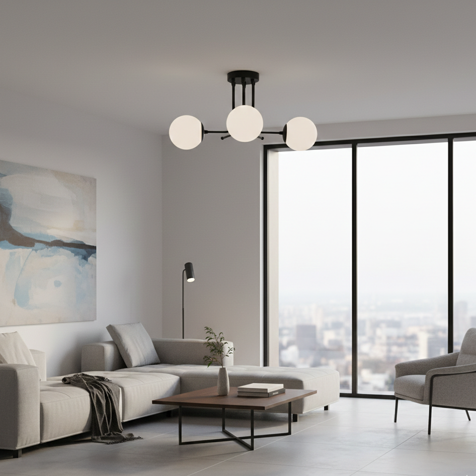 Plafonnier Design Scandinave - 3 Globes Blancs et Noir E27