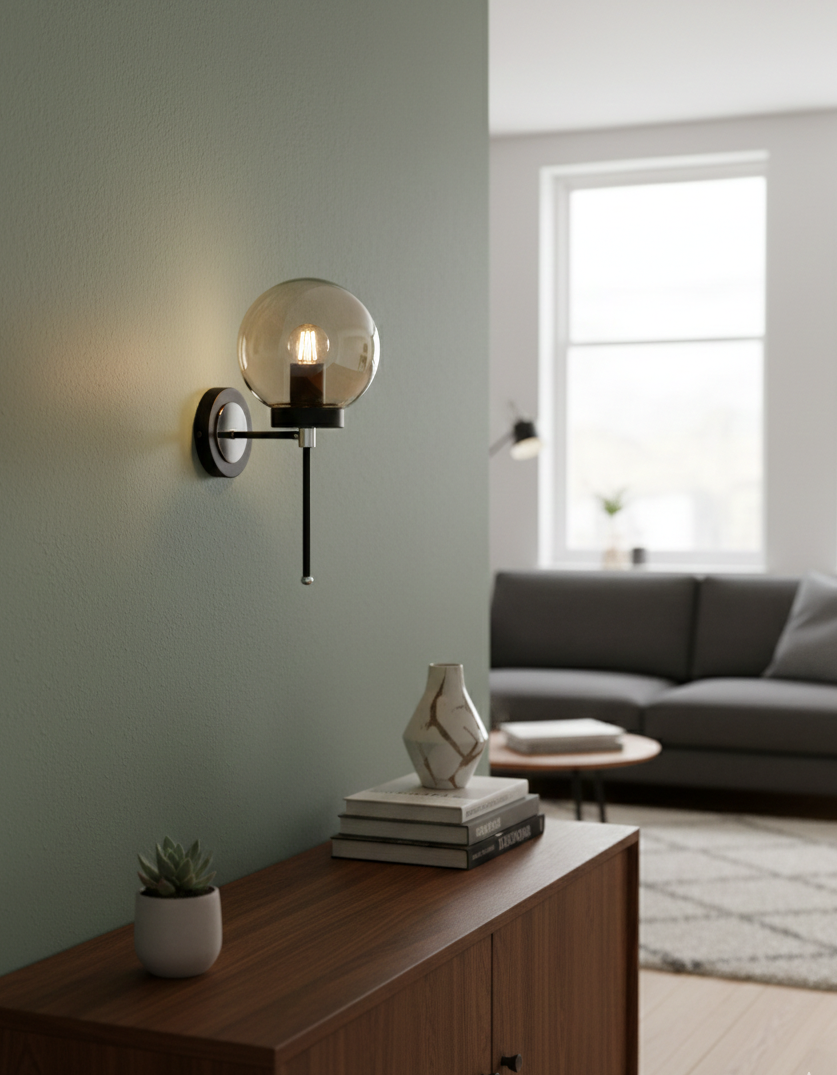 Applique murale globe ambre noir et chrome