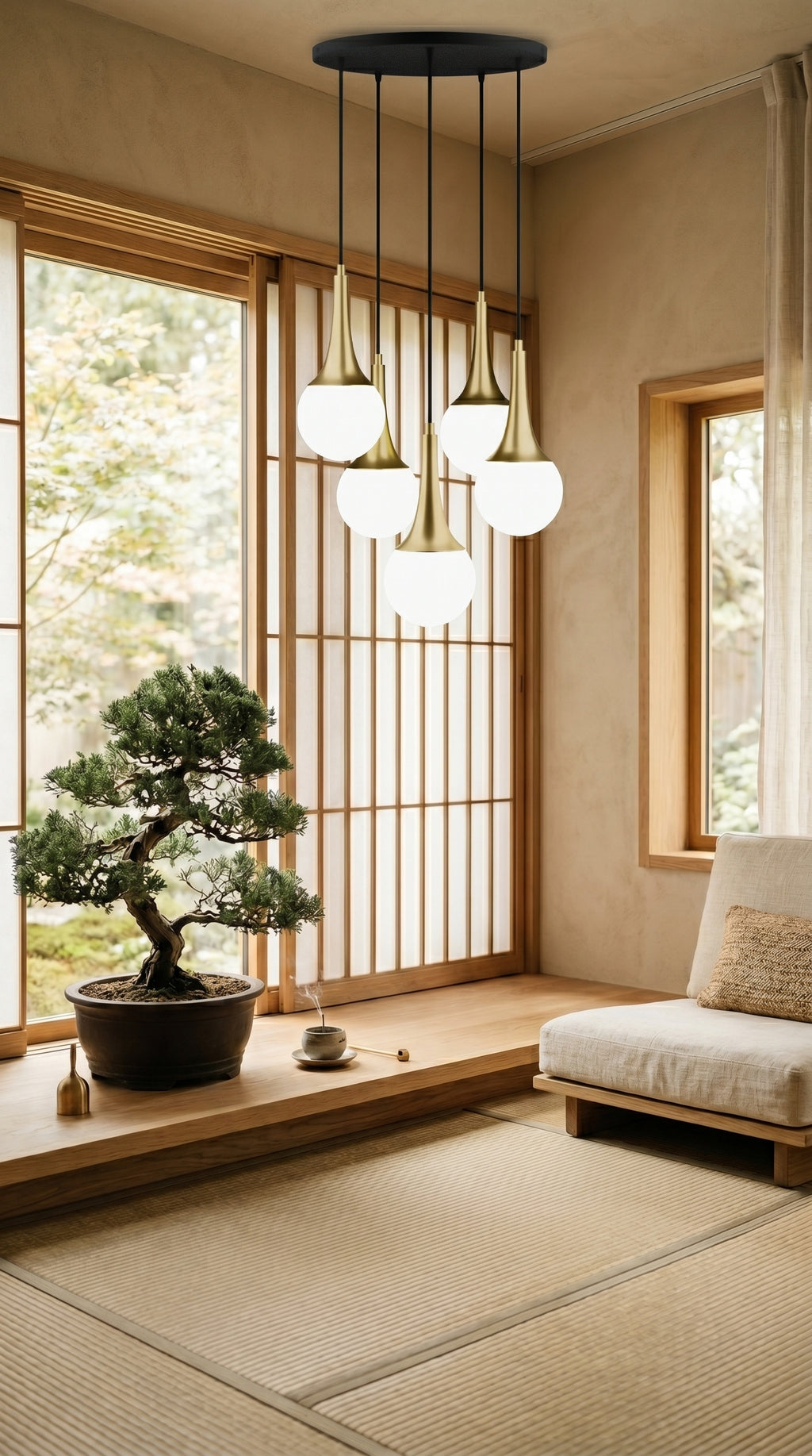 Lustre 5 globes opalin blanc cols coniques dorés – composition sculpturale à hauteurs décalées E27