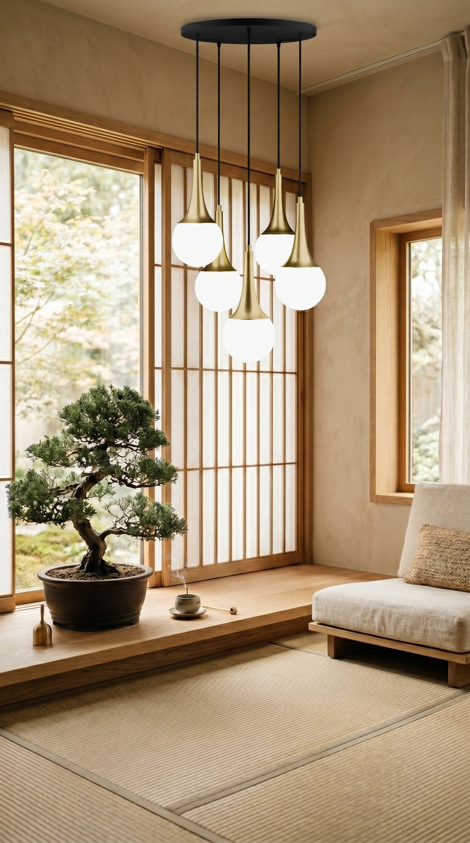 Lustre 5 globes opalin blanc cols coniques dorés – composition sculpturale à hauteurs décalées E27