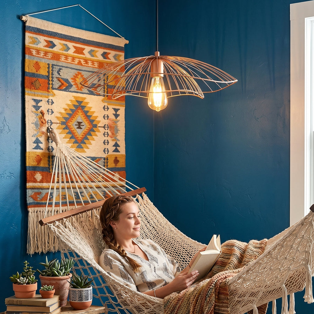 
Lustre filaire cuivré rosé évasé chambre boho bleue hammac kilim tapis berbère – Lumidestock