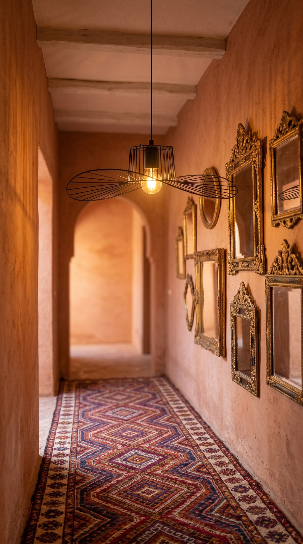 Lustre  filaire noir évasé 49cm riad marocain tadelakt rose tapis berbère miroirs dorés – Lumidestock