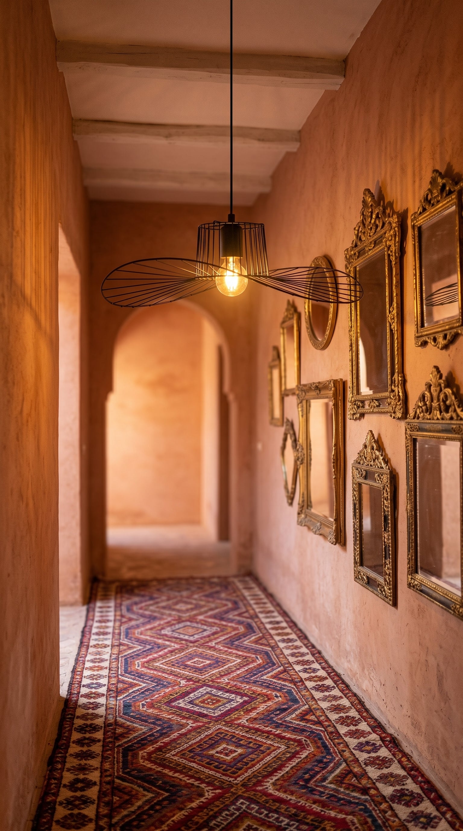Lustre  filaire noir évasé 49cm riad marocain tadelakt rose tapis berbère miroirs dorés – Lumidestock
