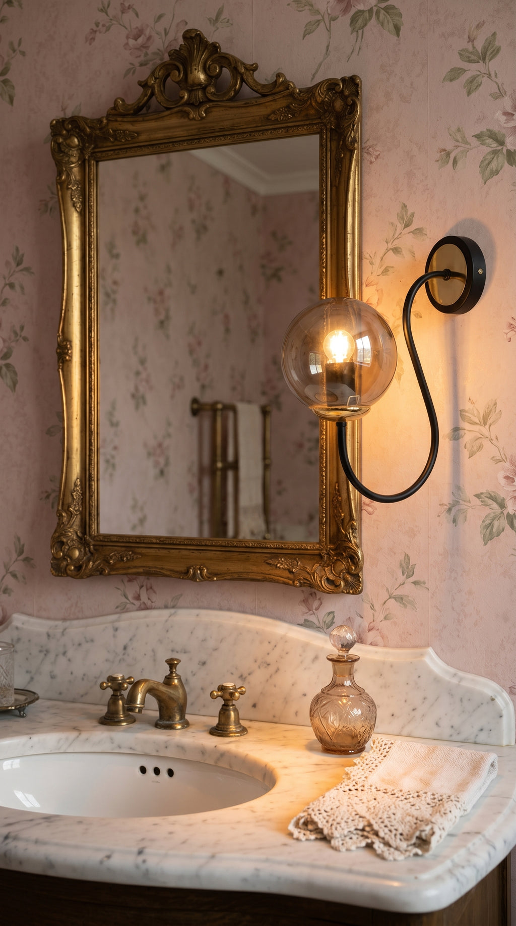 
Applique globe fumé bras courbe noir laiton miroir doré baroque lavabo marbre shabby chic – Lumidestock