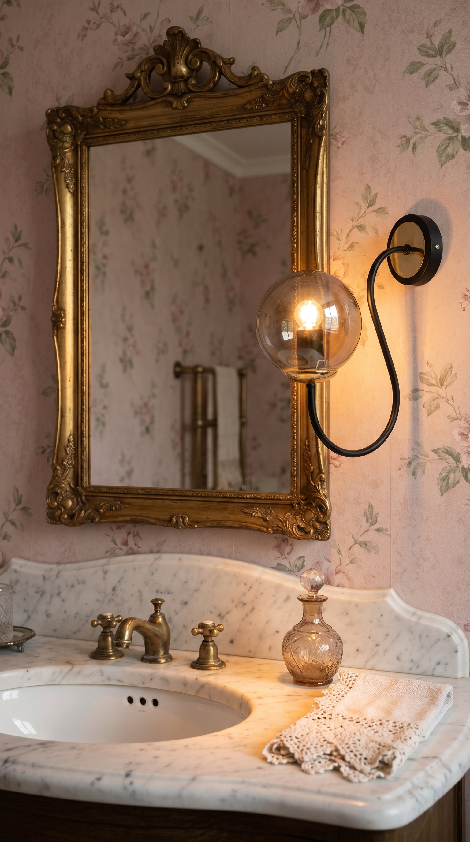 
Applique globe fumé bras courbe noir laiton miroir doré baroque lavabo marbre shabby chic – Lumidestock