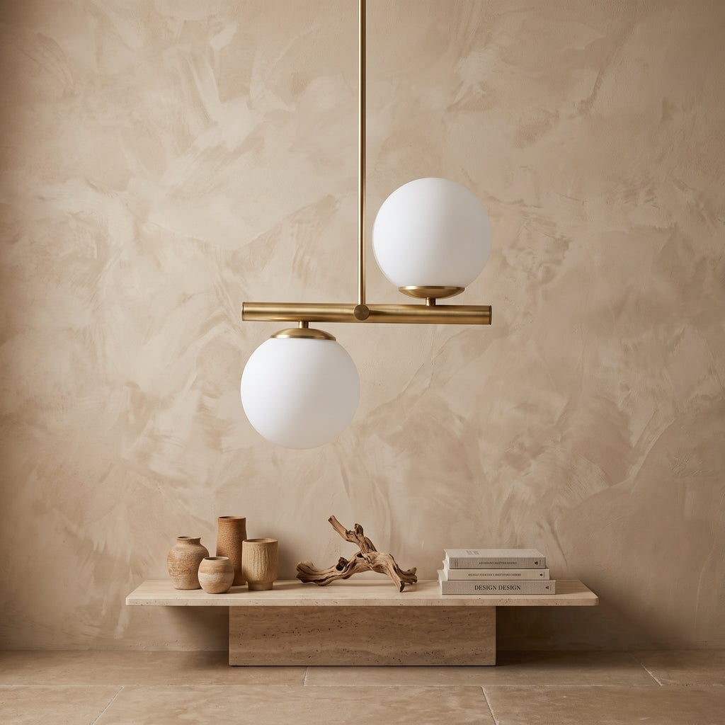 Lustre 2 globes opale blanc finition métal doré design moderne IP40.