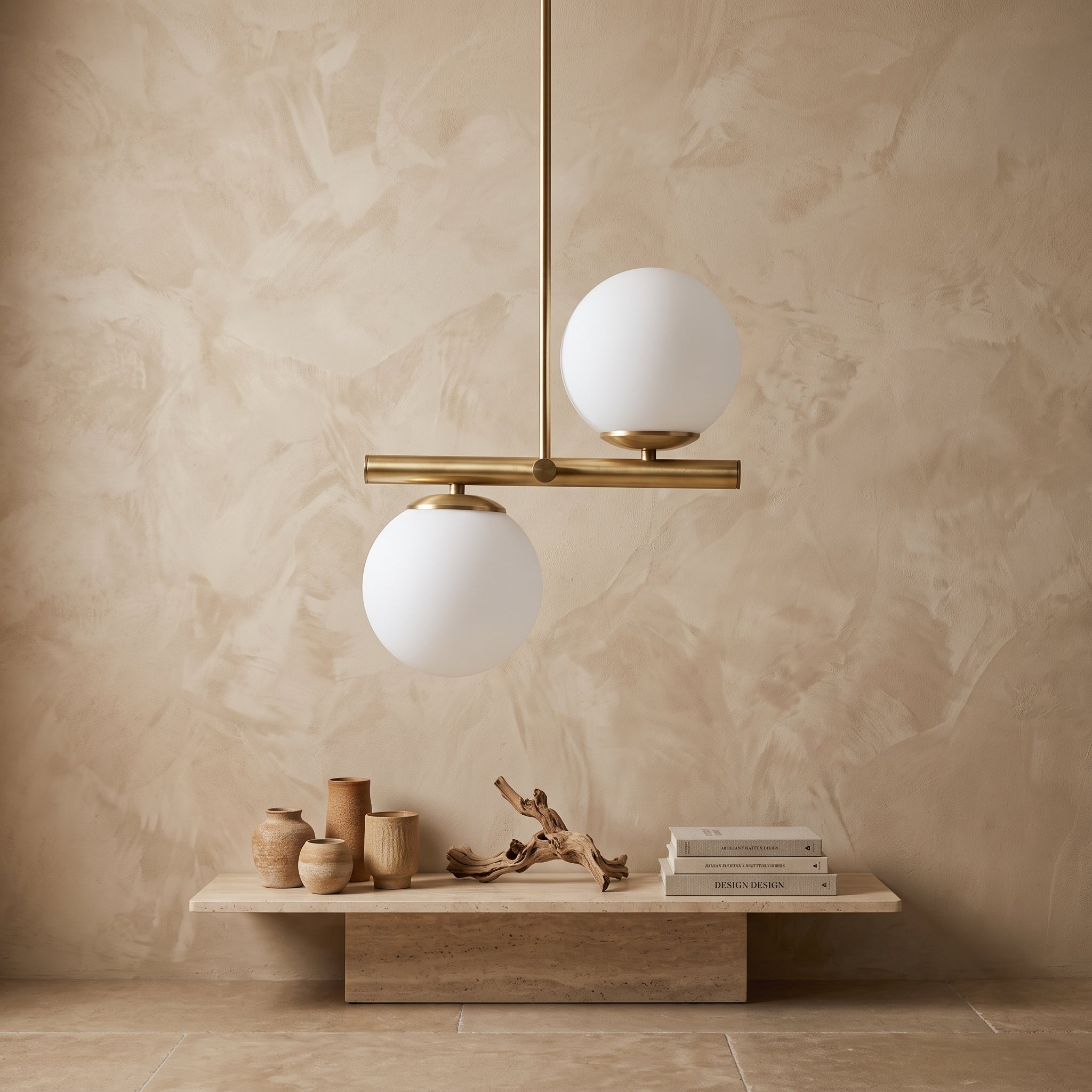 Lustre 2 globes opale blanc finition métal doré design moderne IP40.