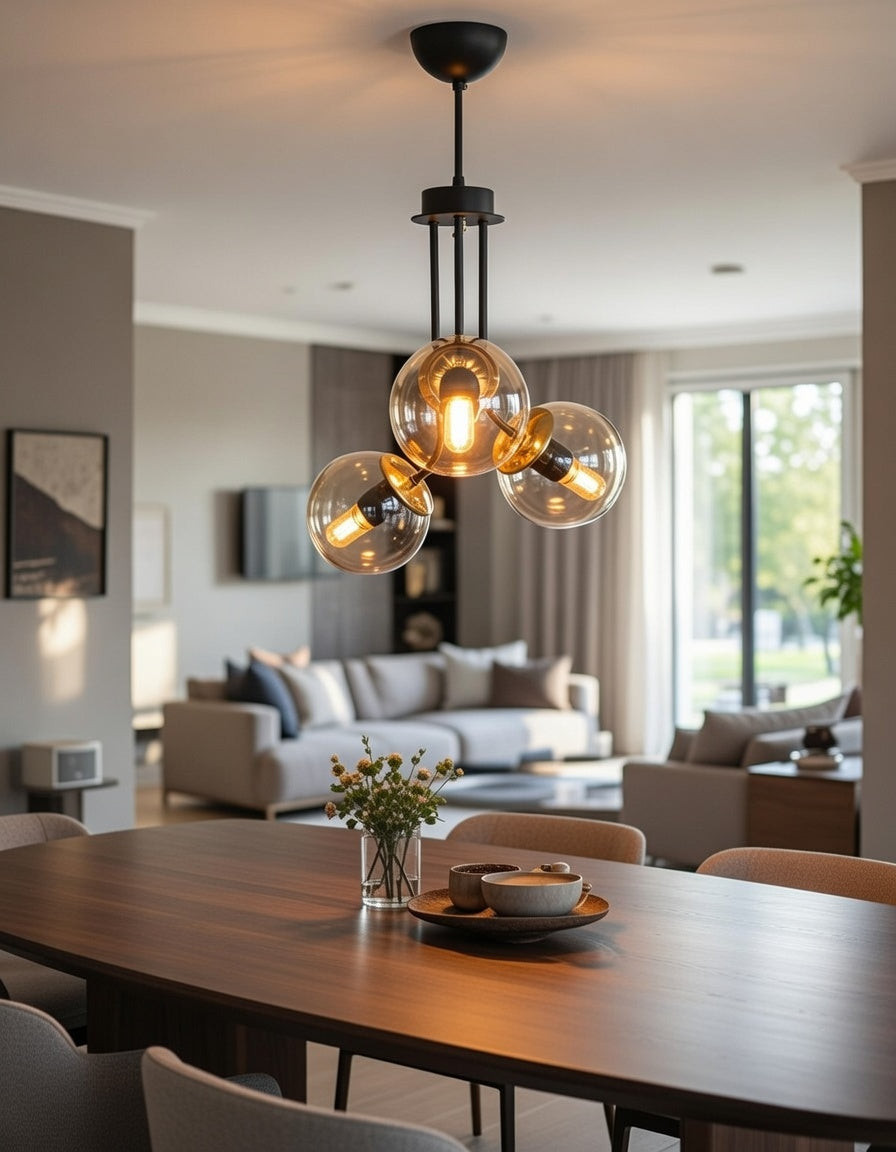 Lustre 3 Lumières Globes Ambrés Transparents Structure Noire Détails Dorés Design Moderne