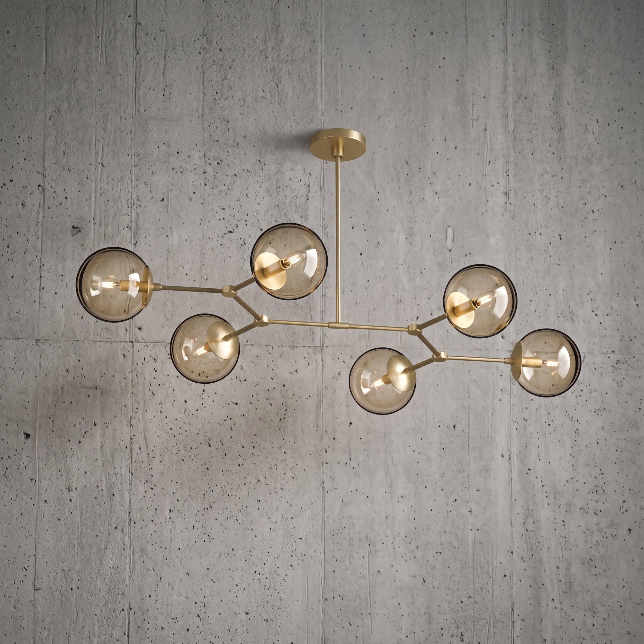 Lustre suspendu 6 globes design architectural doré et fumé