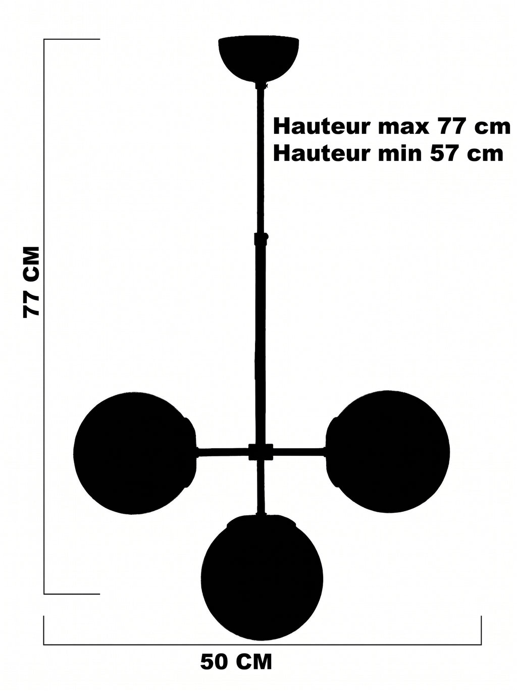 Schéma technique de la suspension 3 globes largeur 50 cm et hauteur de 57 à 77 cm