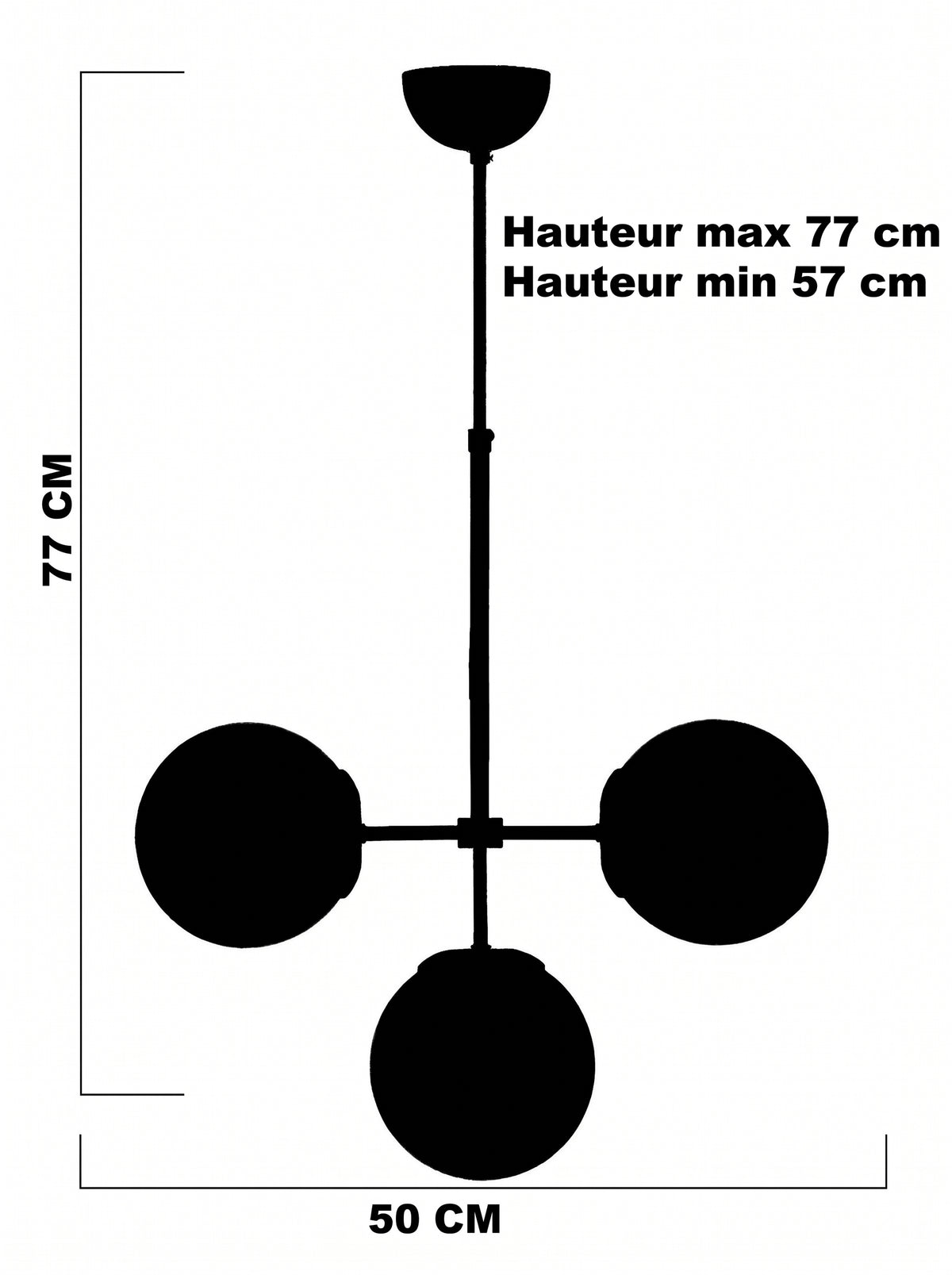 Schéma technique de la suspension 3 globes largeur 50 cm et hauteur de 57 à 77 cm