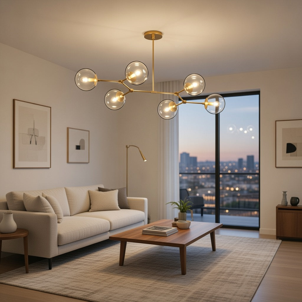 Lustre 4 globes noir dans un salon contemporain