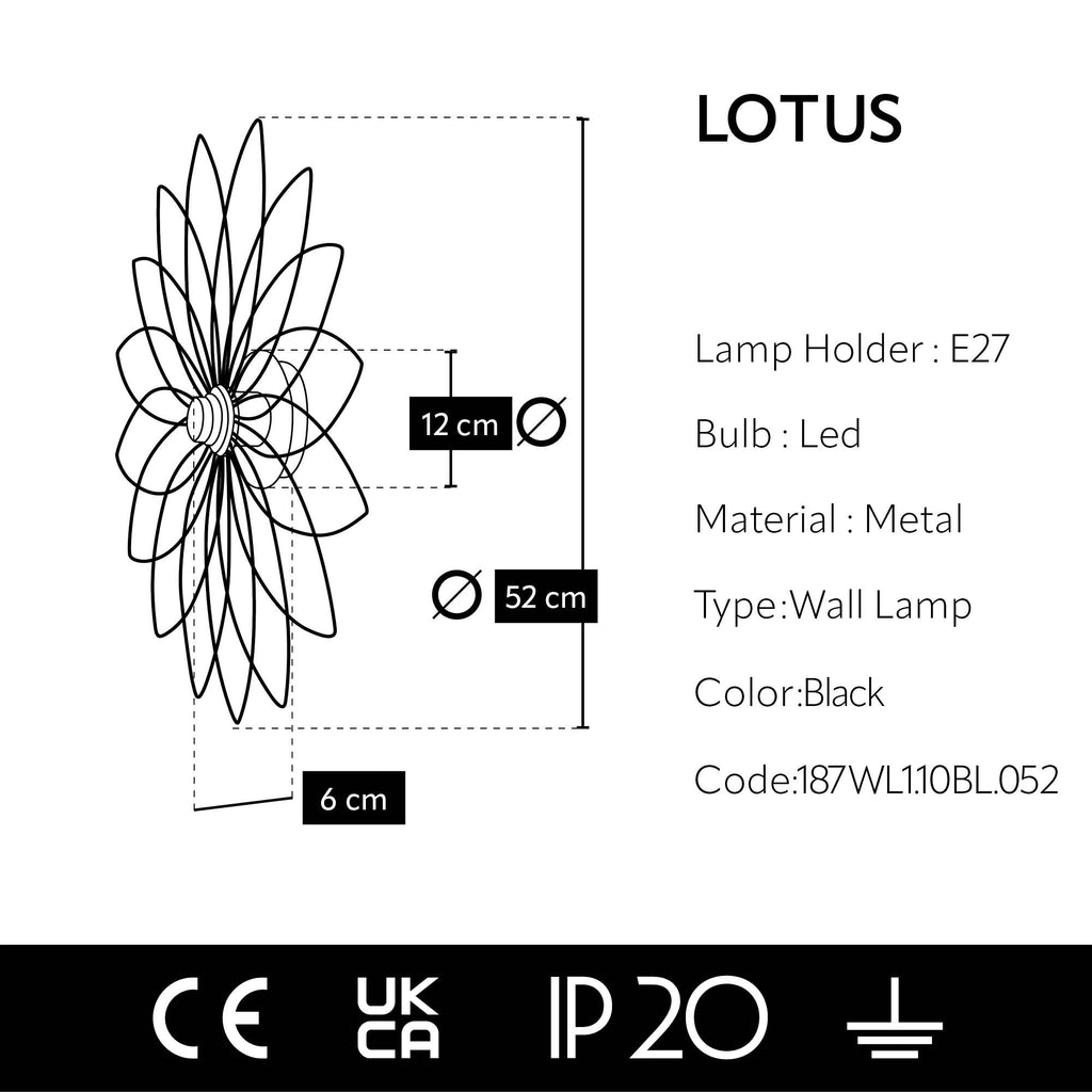 Plan technique de l’applique fleur de lotus noire, diamètre 52 cm et profondeur 6 cm