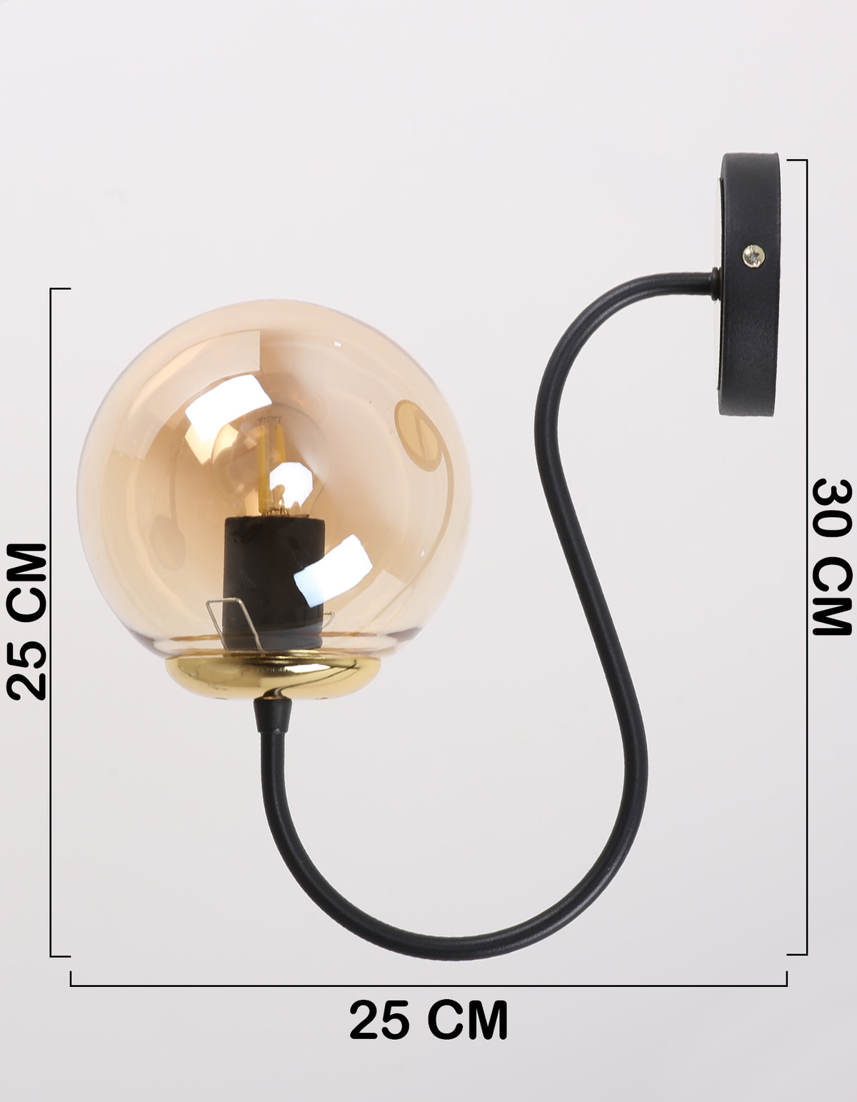 Applique murale globe ambré noir et doré avec dimensions hauteur 30 cm et profondeur 25 cm