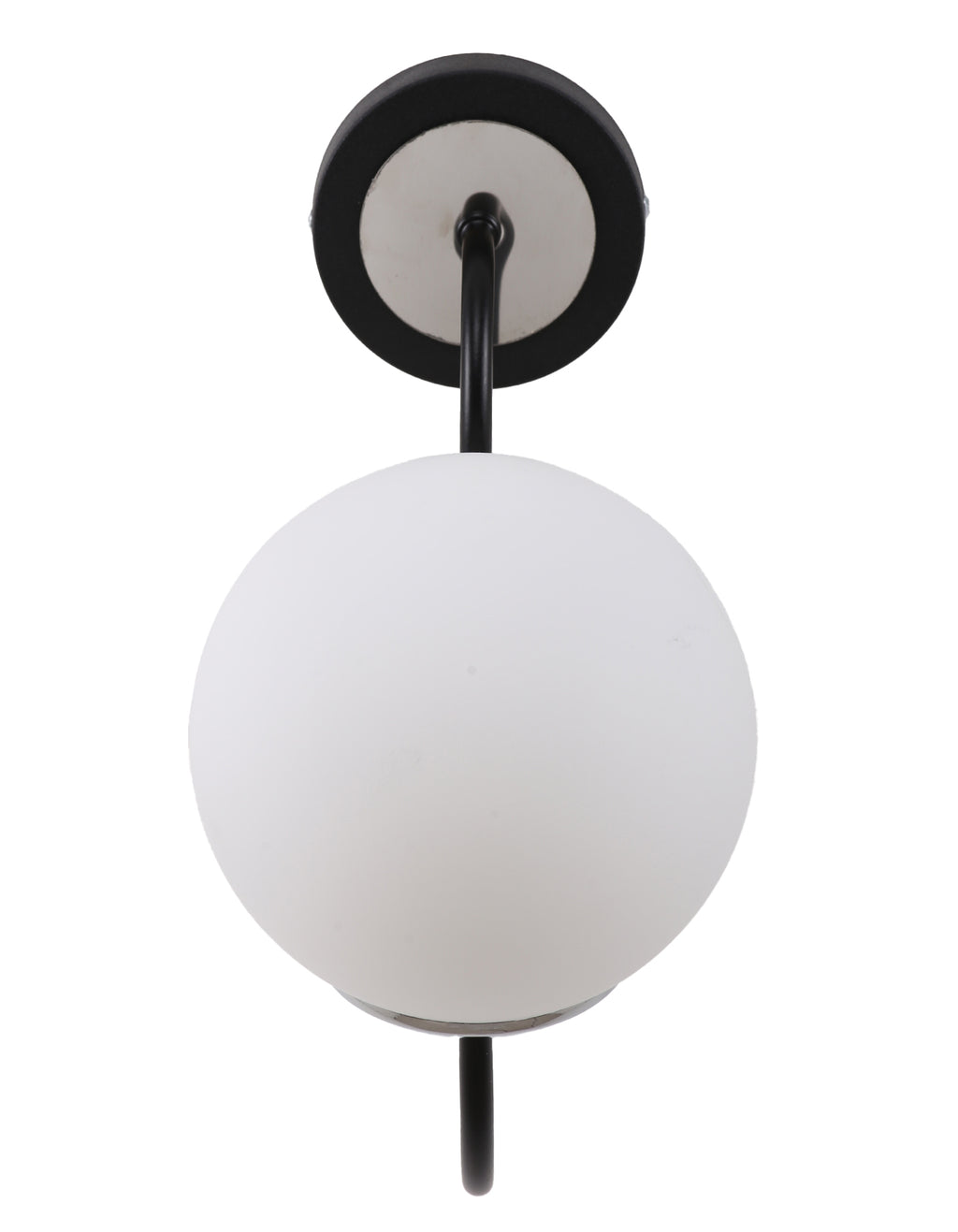 Applique murale globe blanc opale avec bras courbe noir mat et rosace murale vue de face