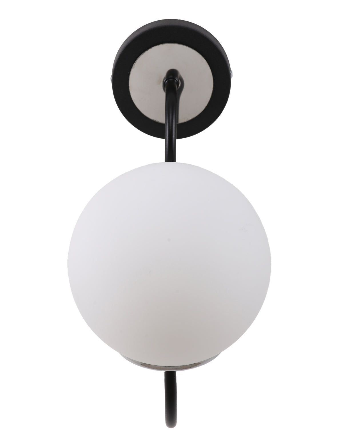 Applique murale globe blanc opale avec bras courbe noir mat et rosace murale vue de face
