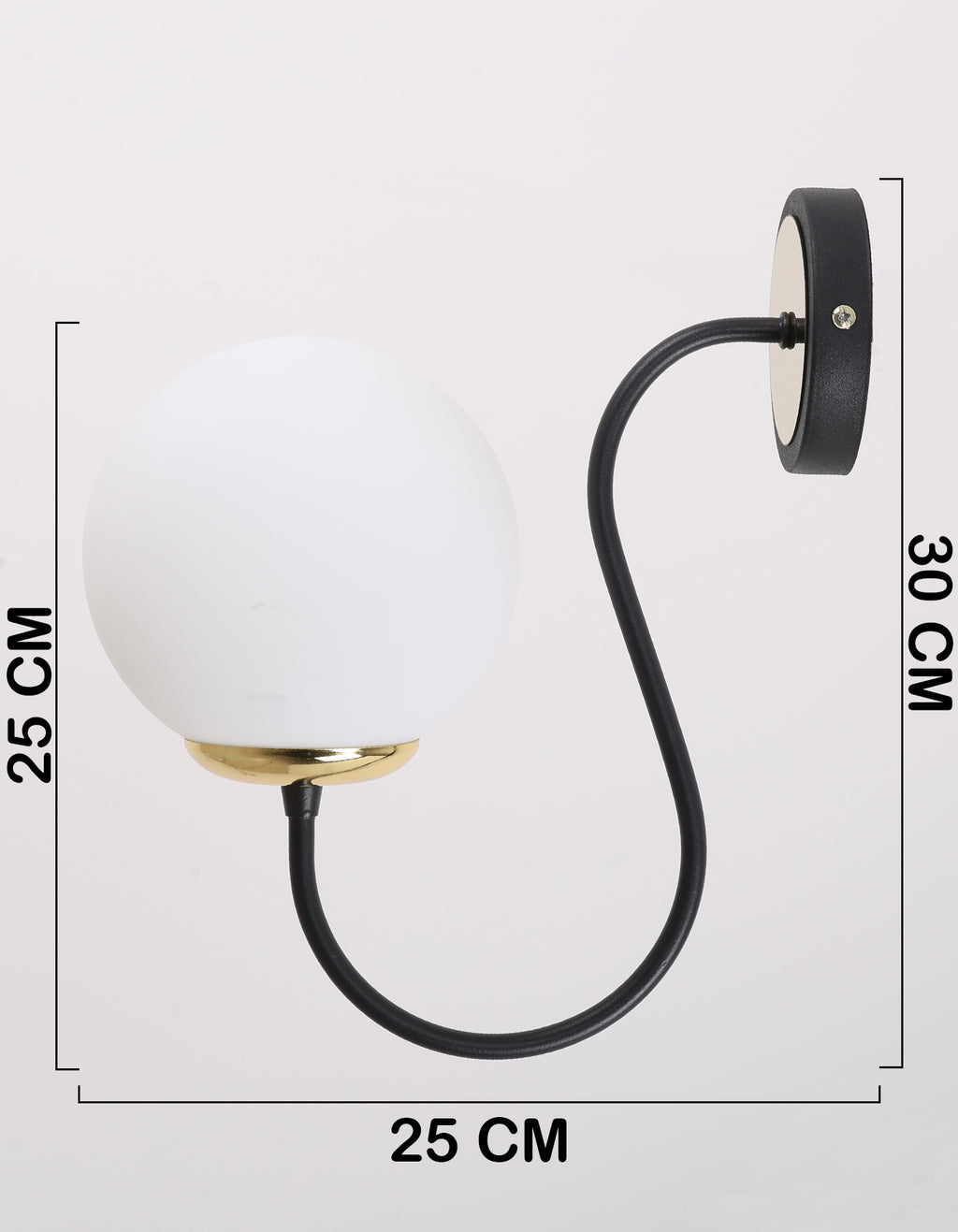 Applique murale globe blanc opale noir et doré avec dimensions hauteur 30 cm et profondeur 25 cm