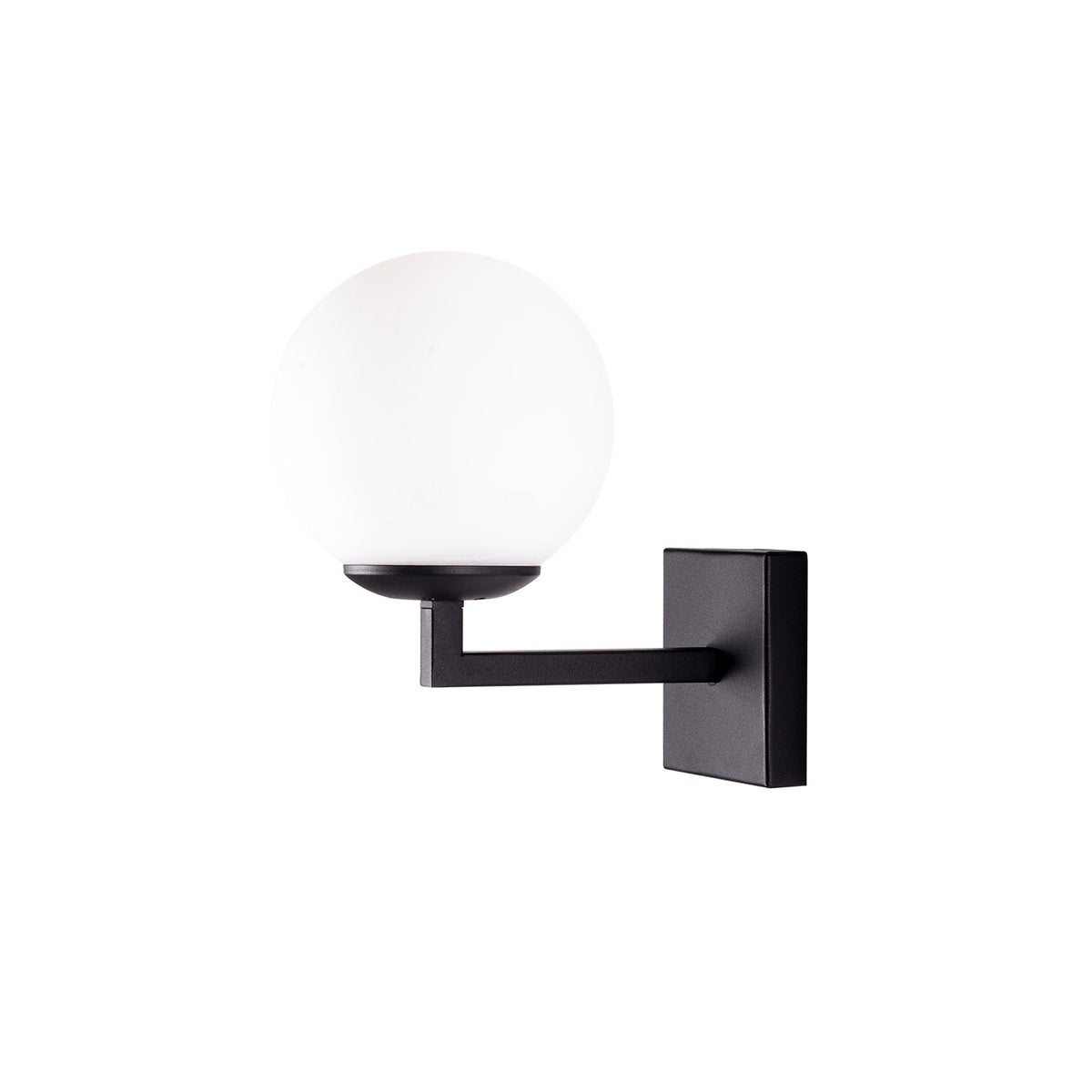 Vue de l'applique murale avec globe blanc opale et support en métal noir mat
