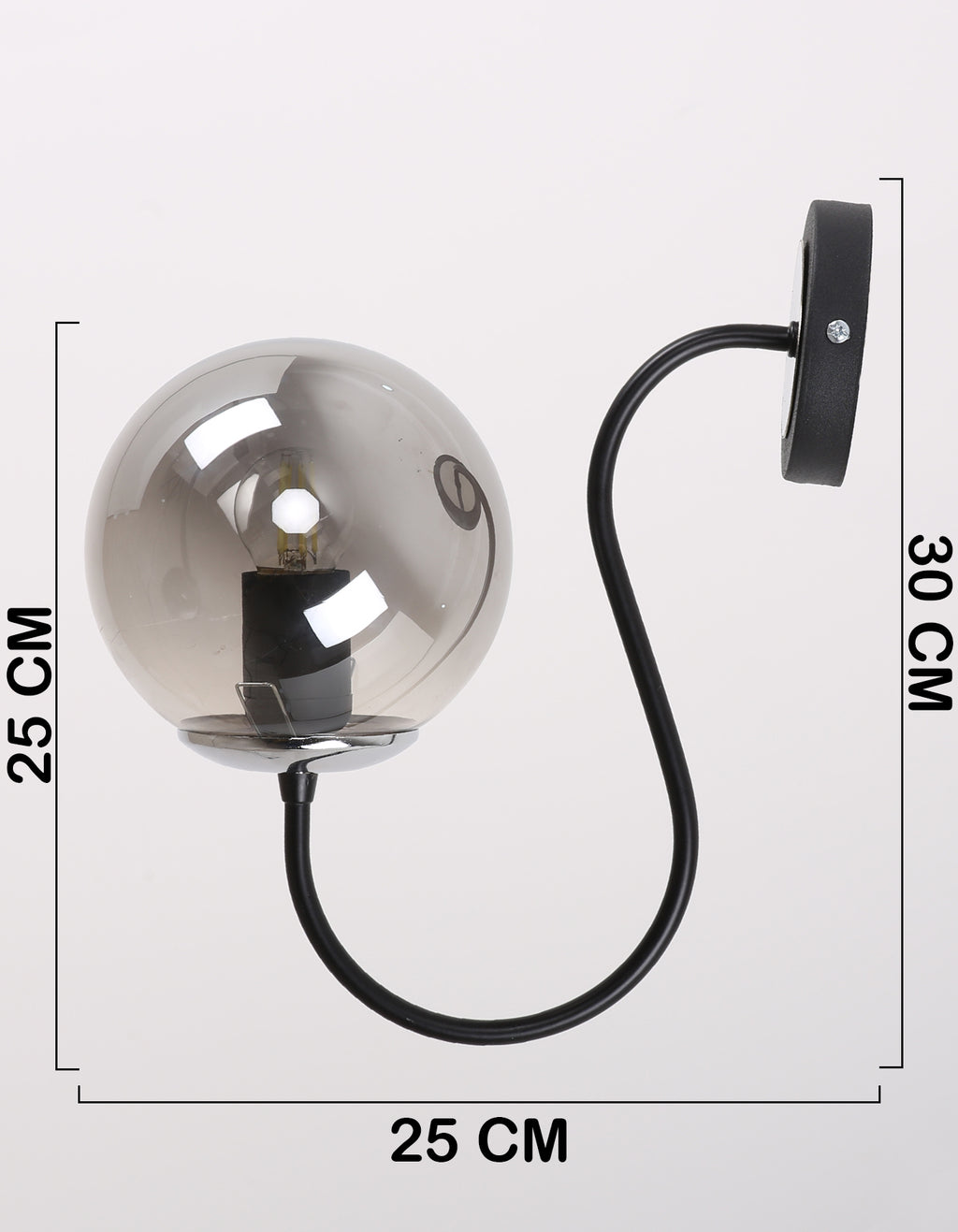 Applique murale globe en verre fumé avec dimensions hauteur 30 cm et profondeur 25 cm