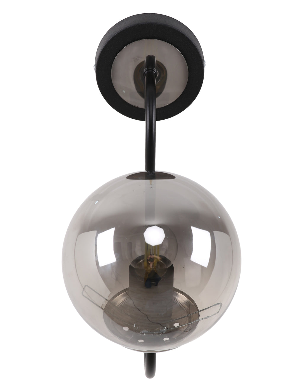 Applique murale globe en verre fumé avec bras courbe noir mat et rosace murale, vue de face