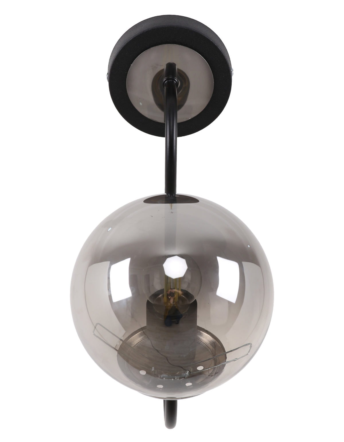 Applique murale globe en verre fumé avec bras courbe noir mat et rosace murale, vue de face