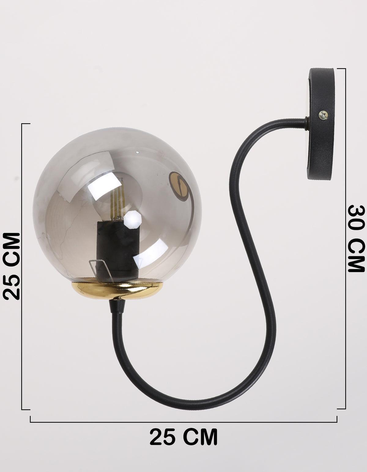 Applique murale globe fumé noir et doré avec dimensions hauteur 30 cm et profondeur 25 cm