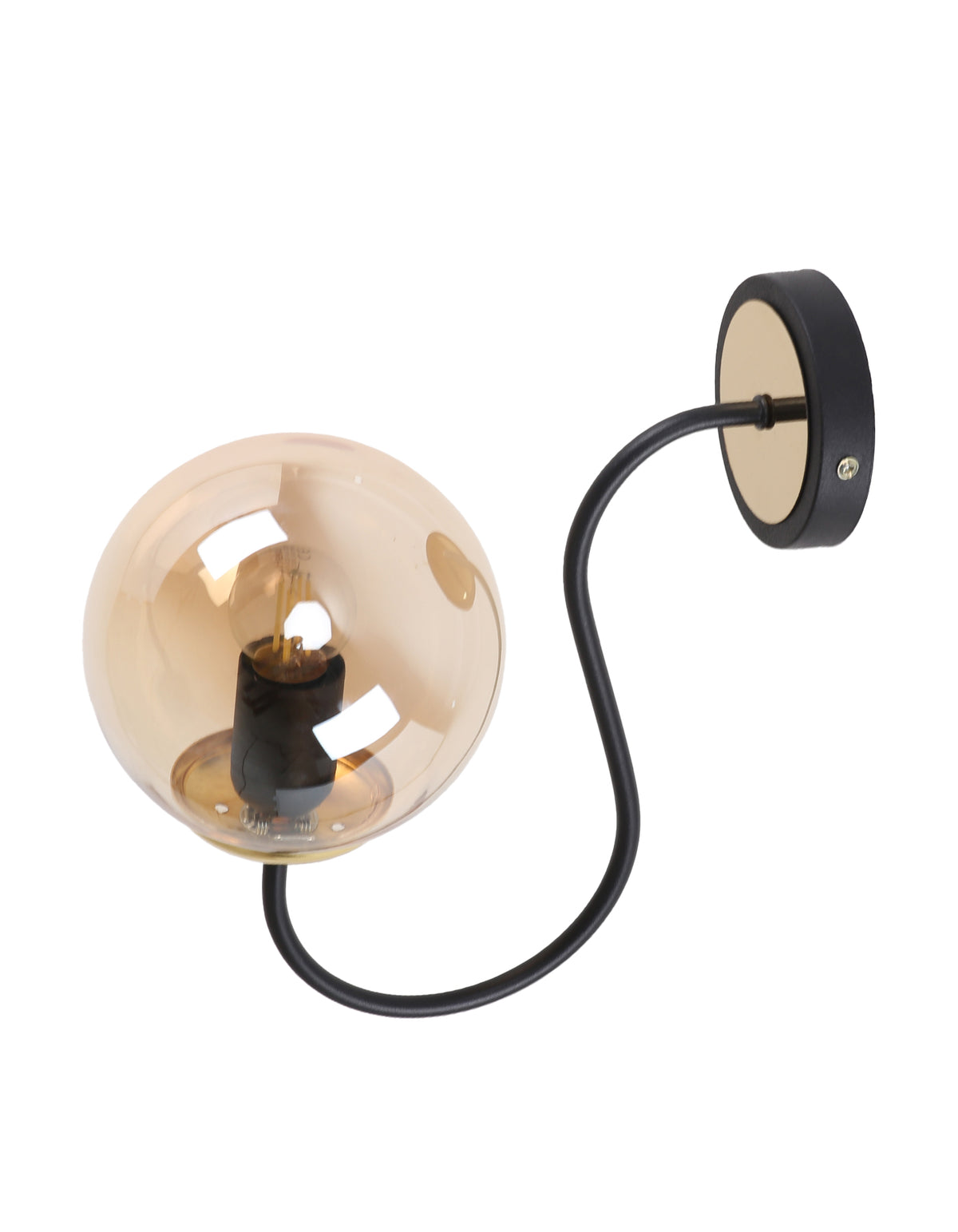 Applique murale globe en verre ambré avec bras courbe noir mat et détails dorés, vue de profil