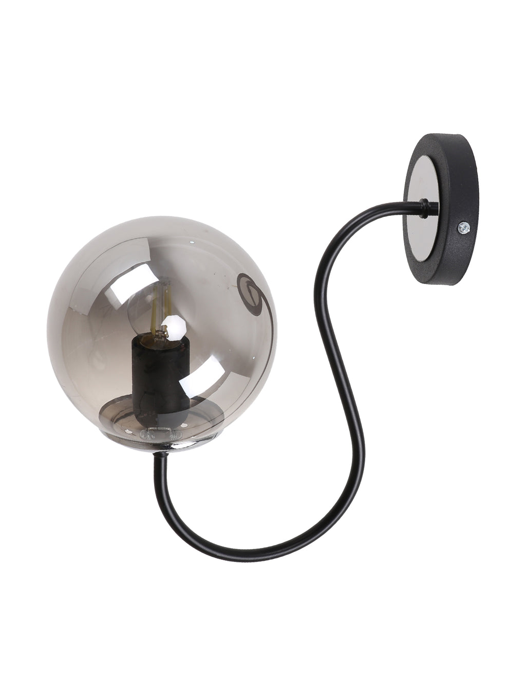 Applique murale globe en verre fumé avec bras courbe noir mat et finition chromée, vue de profil
