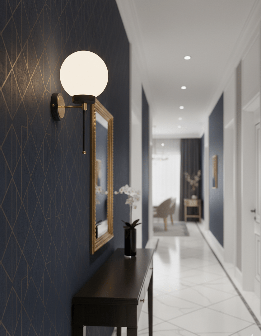 
 applique murale globe opale blanc noire et dorée design moderne dans couloir