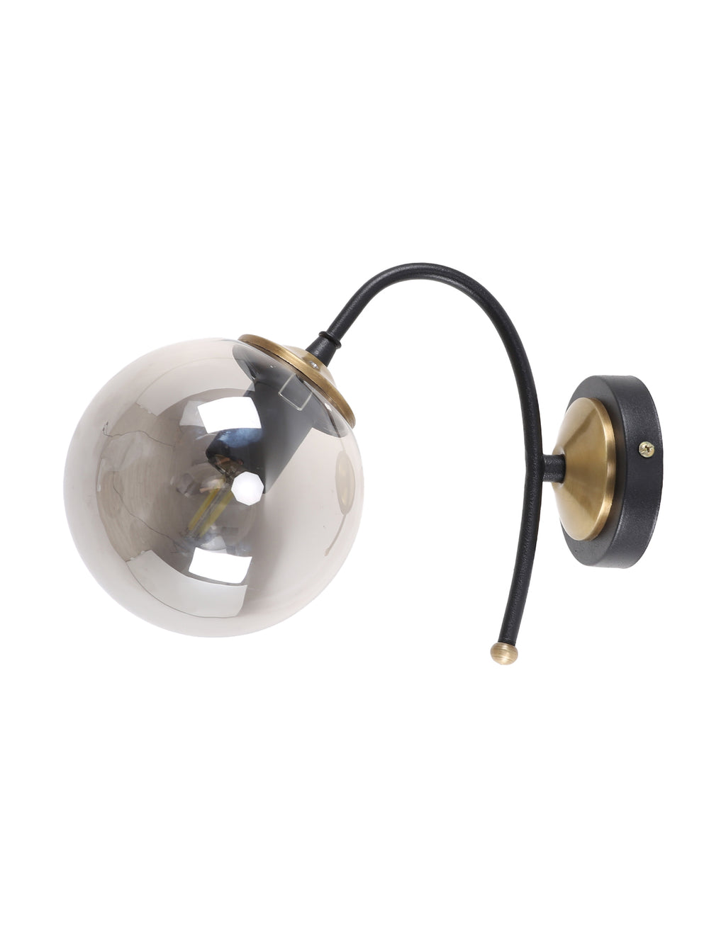 Applique murale globe en verre fumé avec col de cygne noir et finition laiton mat