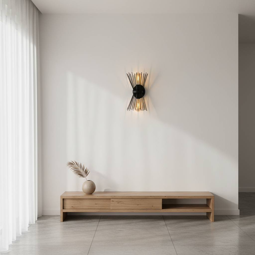  Applique murale starburst noir installée dans un intérieur moderne